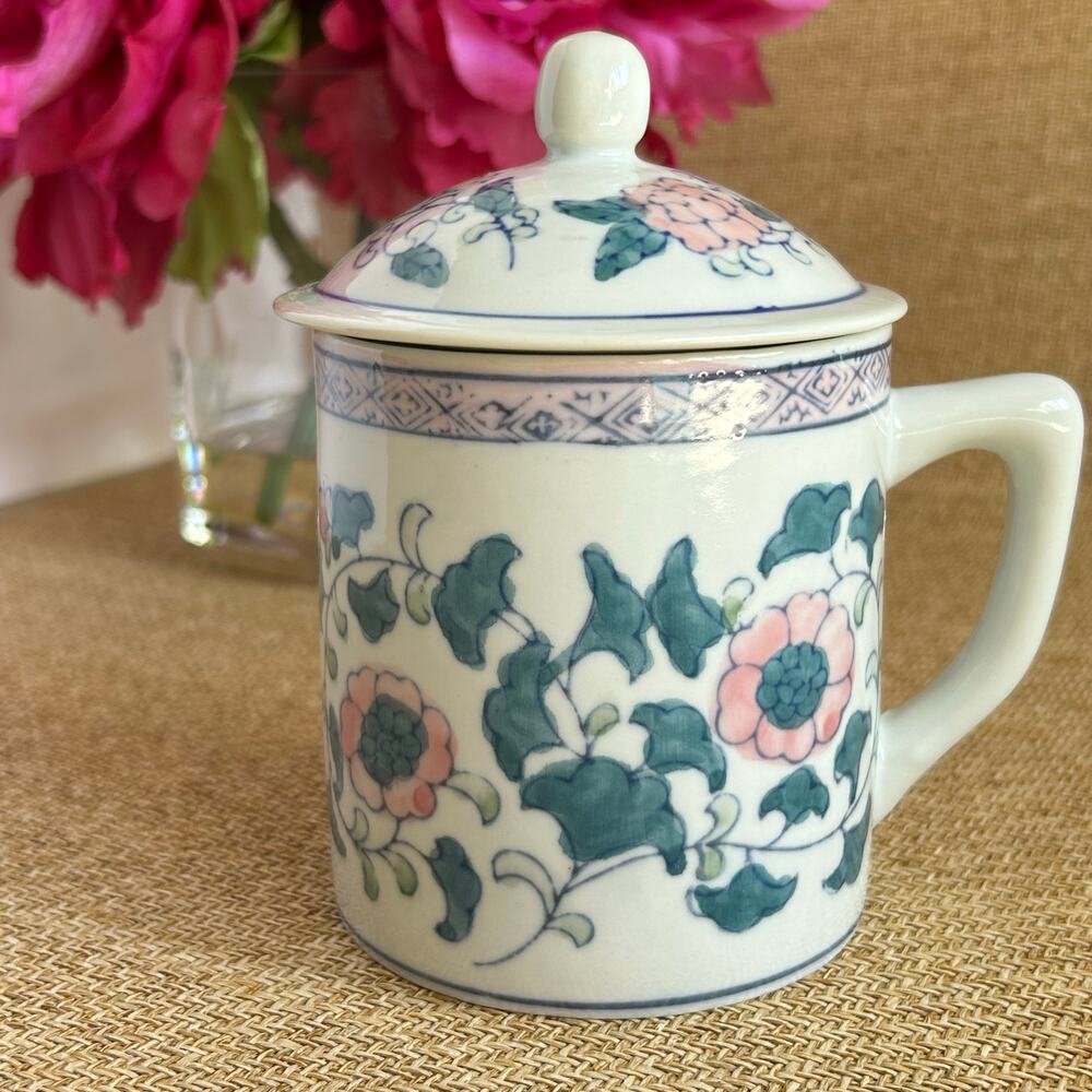 Vintage Pier 1 Floral Ceramic Tea Mug with Lid Pink Green Flowers China